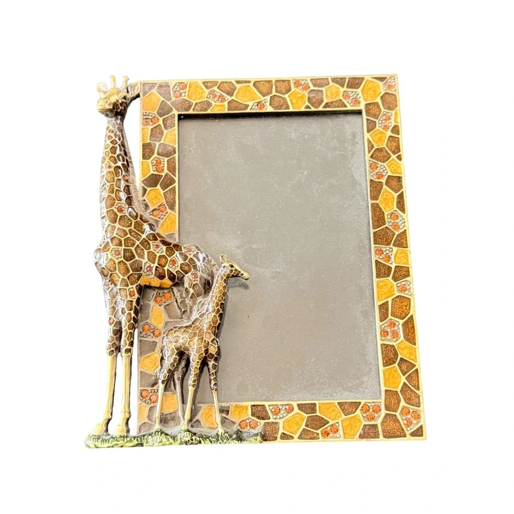 Giraffe Picture Frame 3x5 Home Decor Gold Enamel Rhinestone Safari Retro
